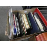 A tray of railway postcards (mainly loose) photographs books and similar relating to shipping, milit