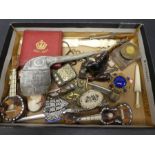 Works of art, to include a miniature silver trowel, a cameo brooch, 3 tortoise shell miniature music