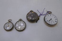 A selection of three silver pocket watches of various sizes, one full hunter. Another very decorativ