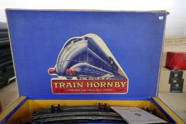 French Hornby O Gauge boxed train set O-4E containing Loco, tender, carriages, transformer and track