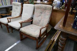 Two similar 1970s style Parker Knoll armchairs and similar rocking armchair