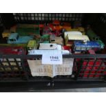 Tray of play worn vintage Corgi and Dinky die cast model cars