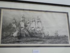 W. L. Wyllie; Battle of Trafalgar, a set of three pencil signed etching and a nautical map of ships