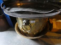 Large oval silver plated tray, brass cauldron and basin