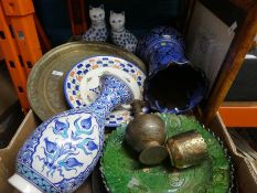 A box of mixed pottery and brassware and Islamic design