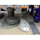 A selection of Middle Eastern Islamic style metal ware plus 2 Asian scroll weights