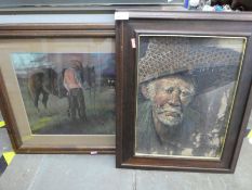 Two pictures framed and glazed one horse and rider and 1 older gentleman