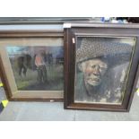 Two pictures framed and glazed one horse and rider and 1 older gentleman