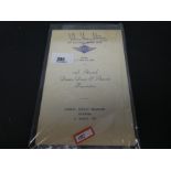 Of motoring interest; a Southsea motor club signed menu, 1957, by Mike Hawthorn, who was the first B