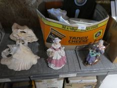 Box of sundry China, Doulton figure 'A stitch in time' and two large conch shells etc.