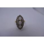 Antique yellow metal opal and diamond marquise design 18ct dress ring, with 3 central oval opa