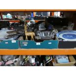 Three boxes of mixed china, treen large blue and white charger, etc