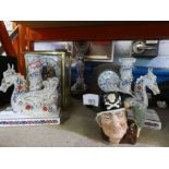 Mixed selection collectables including mantle clocks, dragon candlesticks etc.