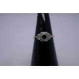 18ct and Platinum Art Deco diamond and sapphire ring, chip and central sapphire, marked 18ct and PLA
