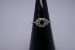 18ct and Platinum Art Deco diamond and sapphire ring, chip and central sapphire, marked 18ct and PLA