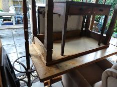 Sundry furniture to include waxed pine kitchen table with stretcher, mahogany side table with 2 draw