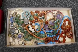 Costume jewellery to include; Mawi coral necklace, hung jade, shell, cameo etc, Loncasion brooch set