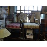 Two Edwardian inlaid mahogany open armchairs and a modern brass lamp