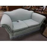 A 2 seat settee having light blue damask upholstery, 154cm