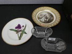 Two 19th century plates and a pair of old cut glass oblong dishes