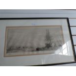 W. L. Wyllie; a pencil signed etching of H.M.S. Victory firing a salute in Portsmouth Harbour