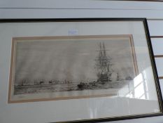 W. L. Wyllie; a pencil signed etching of H.M.S. Victory firing a salute in Portsmouth Harbour