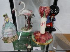 A Falcon ware figure of lady holding hat, an Austrian figure of two flamingo's and two other items.