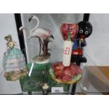 A Falcon ware figure of lady holding hat, an Austrian figure of two flamingo's and two other items.