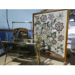 A needlework floral fire screen, a Victorian dressing mirror and a gilt magazine rack