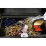 Oriental style jewellery box containing necklaces, cufflinks, large Celtic pendant set gemstones etc