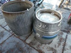 Large galvanised plant pot and aluminium beer barrel
