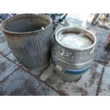 Large galvanised plant pot and aluminium beer barrel