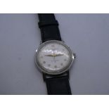 Vintage gents stainless steel 'JW Benson' wristwatch on black leather strap - inscribed 'CRCURTIS 19