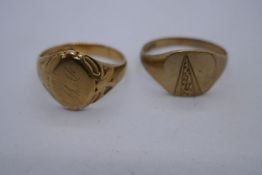 Two 9ct yellow gold gents signet rings, one inscribed with initials, D.W., both marked 375 sizes W &