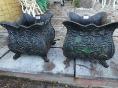 Pair of square Victorian style cast iron planters on scroll feet