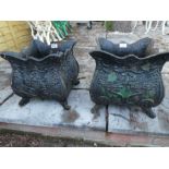 Pair of square Victorian style cast iron planters on scroll feet