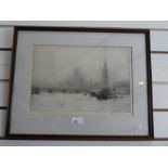 W. L. Wyllie ; a pencil signed etching of Westminster at Flood tide, image 36.5 x 24.5cms