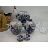 A 19th century, Chinese blue and white Ginger Jar decorated landscape scene and a pair of small blue