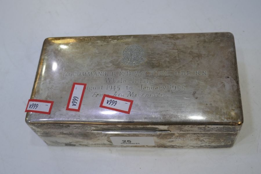 A large cigarette box with engraved message and a cartouche with Si Vis Pacem Para Bellum, meaning i