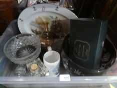 Box of vintage cut glass, china, platters, etc