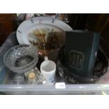 Box of vintage cut glass, china, platters, etc