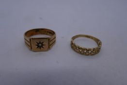 2 9ct yellow gold rings, one a celtic design ring and the other a square signet ring set with a diam