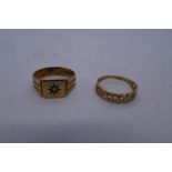 2 9ct yellow gold rings, one a celtic design ring and the other a square signet ring set with a diam