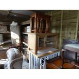 Contemporary tile top kitchen bar with undertier and two matching stools, oak TV stand, and waxed pi