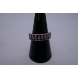 18ct white gold two row ruby and diamond half eternity ring, marked 18ct RHS, size I, 4.5g approx