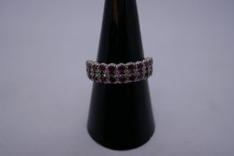 18ct white gold two row ruby and diamond half eternity ring, marked 18ct RHS, size I, 4.5g approx