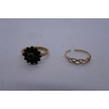2 9ct yellow gold rings, both AF, a cluster ring and a 9ct gold band ring, both marked 375, 3.8g