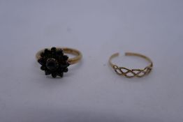 2 9ct yellow gold rings, both AF, a cluster ring and a 9ct gold band ring, both marked 375, 3.8g