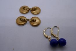 Pair of 18ct backed cufflinks set with jet panels together with pair of 14K yellow gold earrings eac