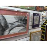 Framed charcoal and pencil drawing of a female nude dated 1977, plus a picture of a domestic feline